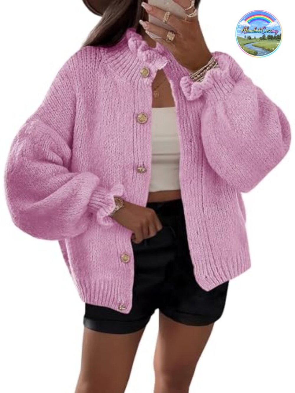 Oversized Ribbed Knit Ruffle Cardigan Open Front Button Up Long Sleeve Women